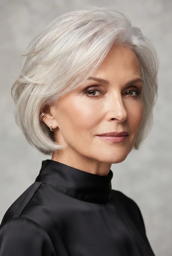 The Soft Feathered Bob — short hairstyles for grandmothers style outfit