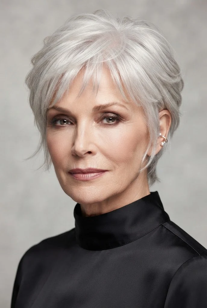 The Feathered Silver Pixie — short hairstyles for older women style outfit
