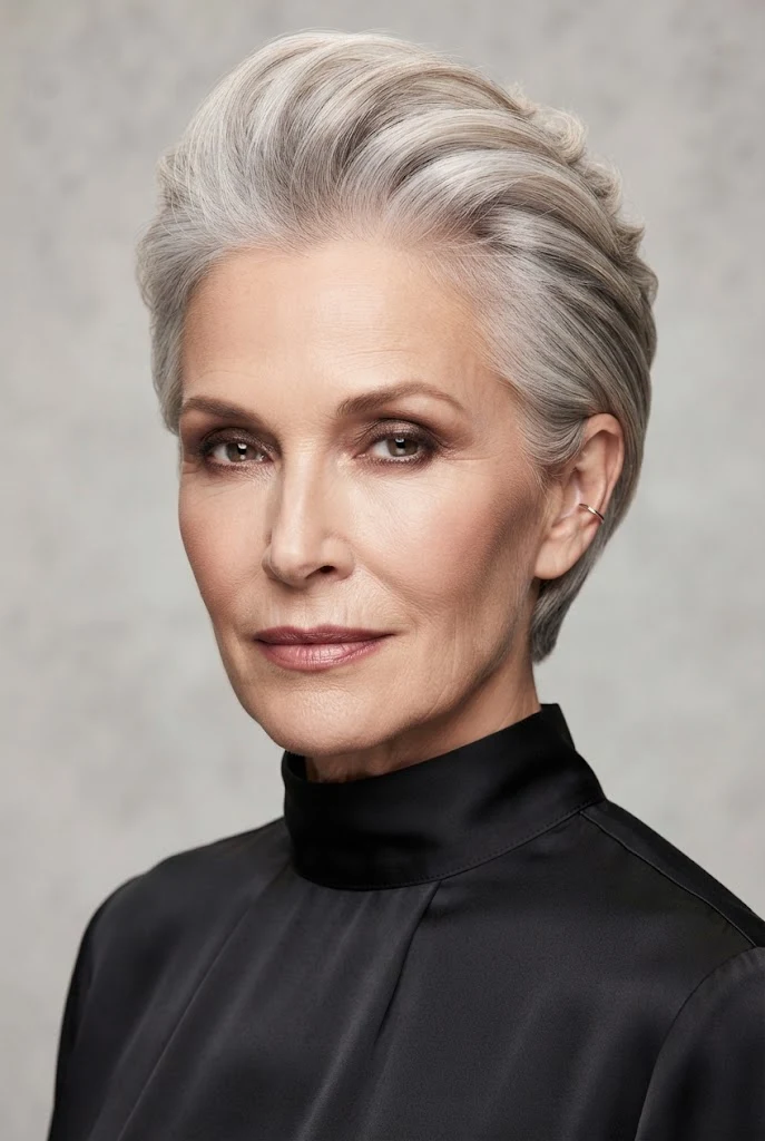 The Soft Brushed-Back Quiff — short hairstyles for older women style outfit