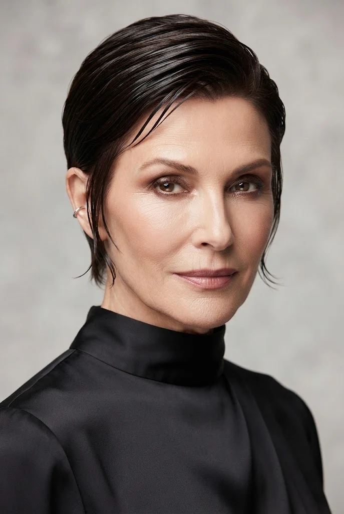 The Modern Wet-Look Editorial Crop — short hairstyles for older women style outfit