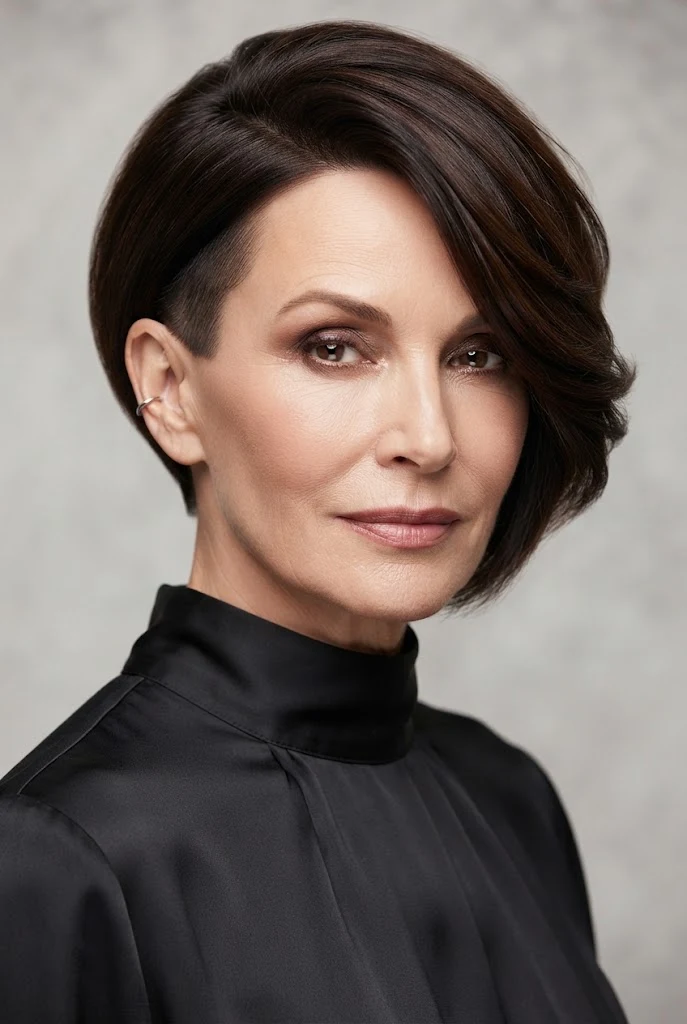 The Side-Swept Asymmetrical Cut — short hairstyles for older women style outfit