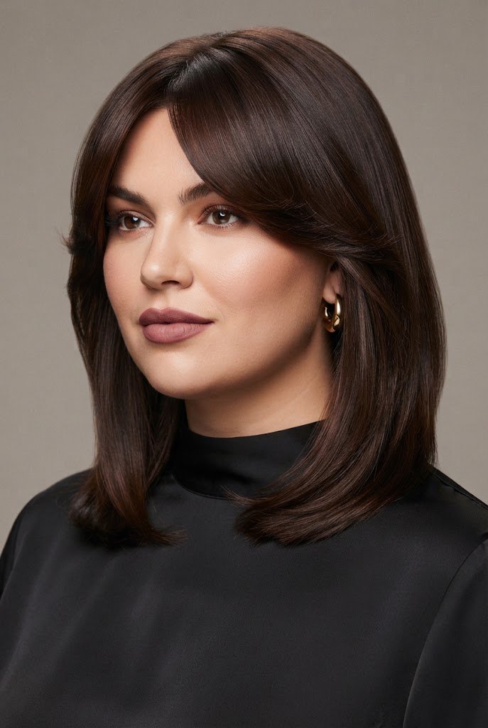 Curtain Bang Lob — Short hairstyles for round faces style outfit