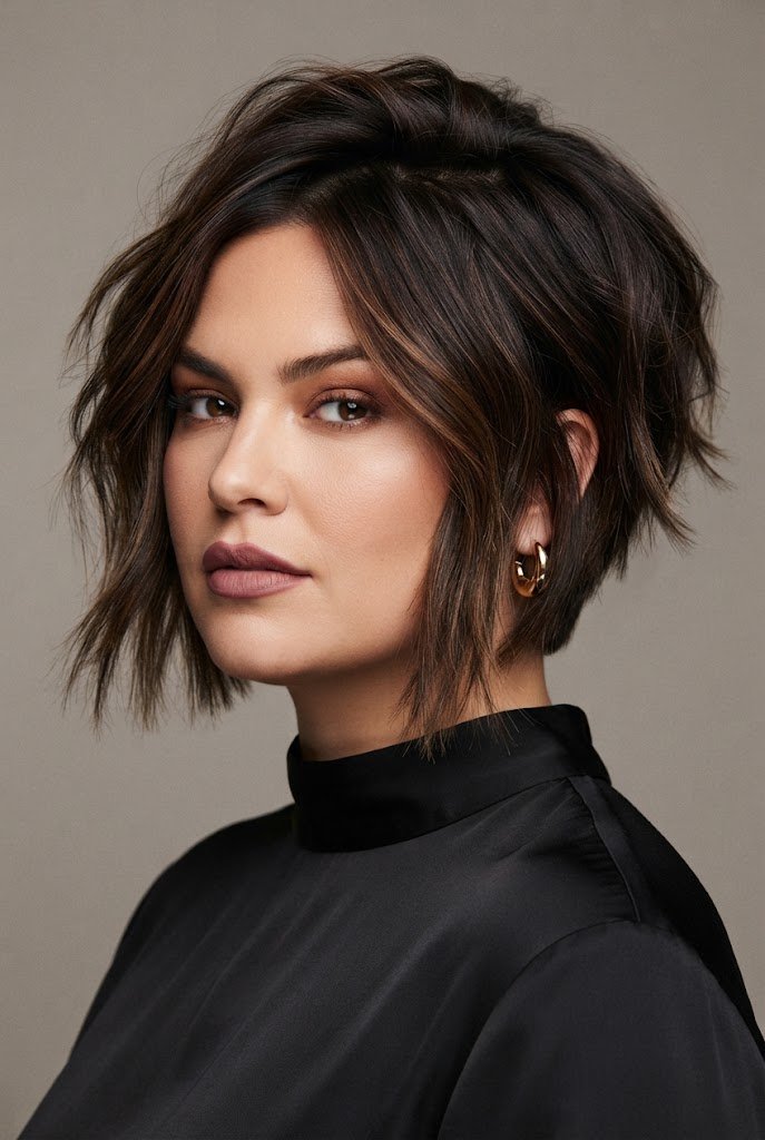 Messy Stacked Bob — Short hairstyles for round faces style outfit