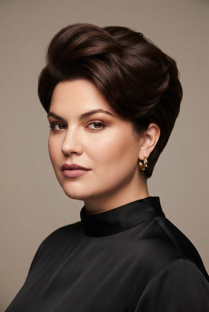 Voluminous Retro Crop — Short hairstyles for round faces style outfit