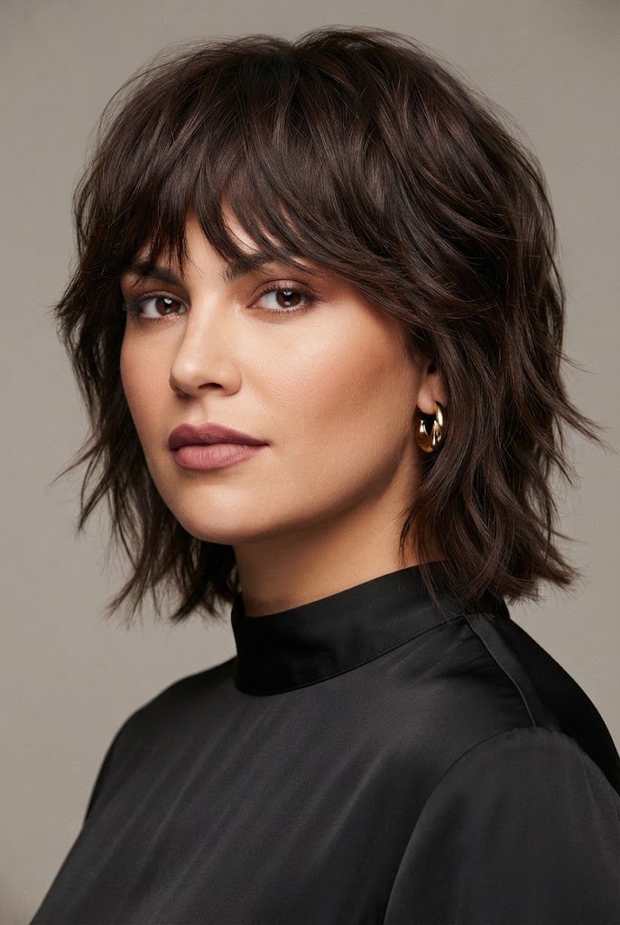 Piece-y Chin-Length Shag — Short hairstyles for round faces style outfit
