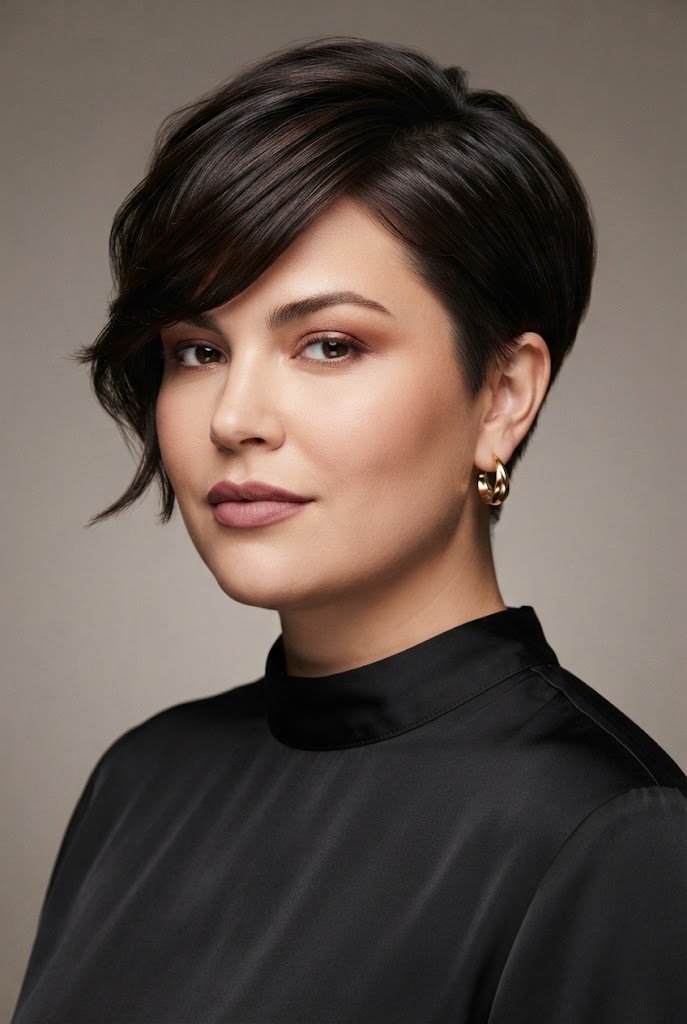 Asymmetrical Side-Swept Pixie — Short hairstyles for round faces style outfit