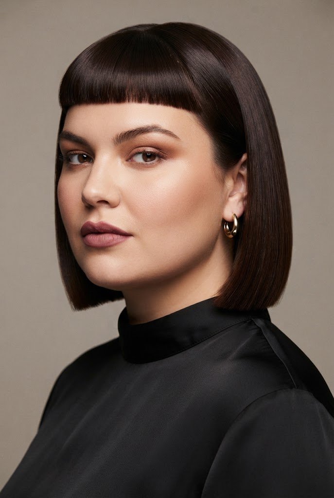 Sleek French Bob with Baby Bangs — Short hairstyles for round faces style outfit