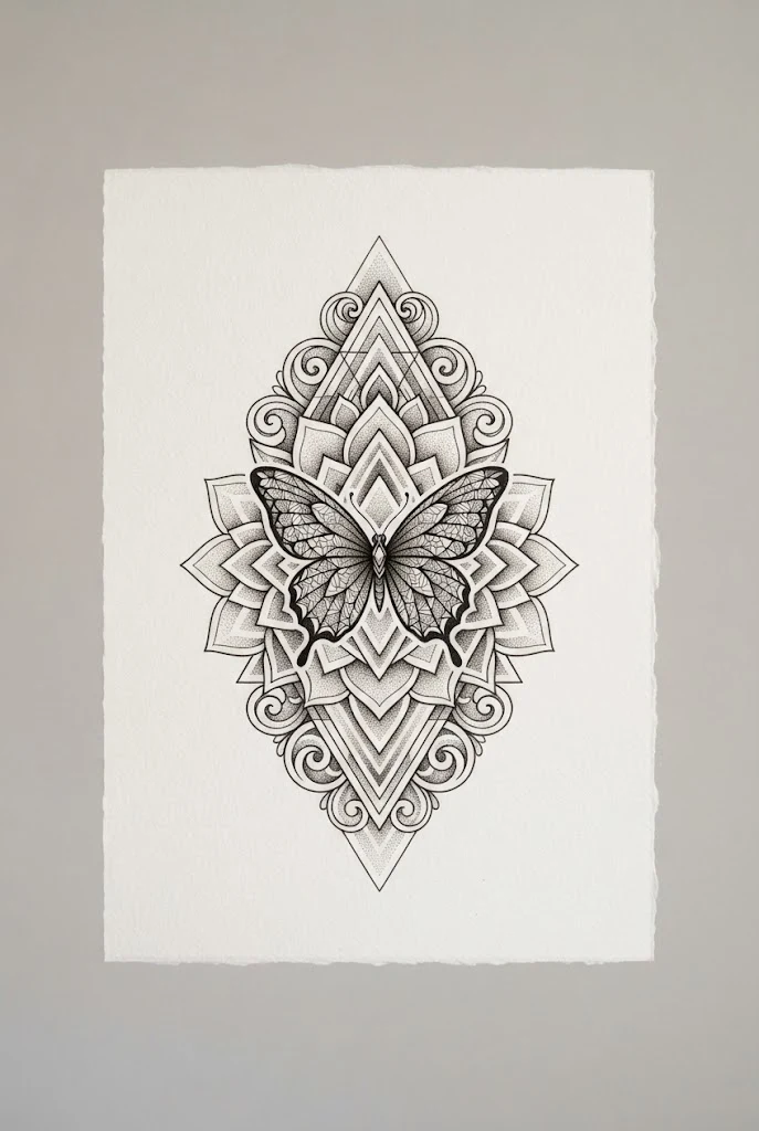 Geometric Sacred Symmetry Piece — shoulder butterfly tattoo style outfit