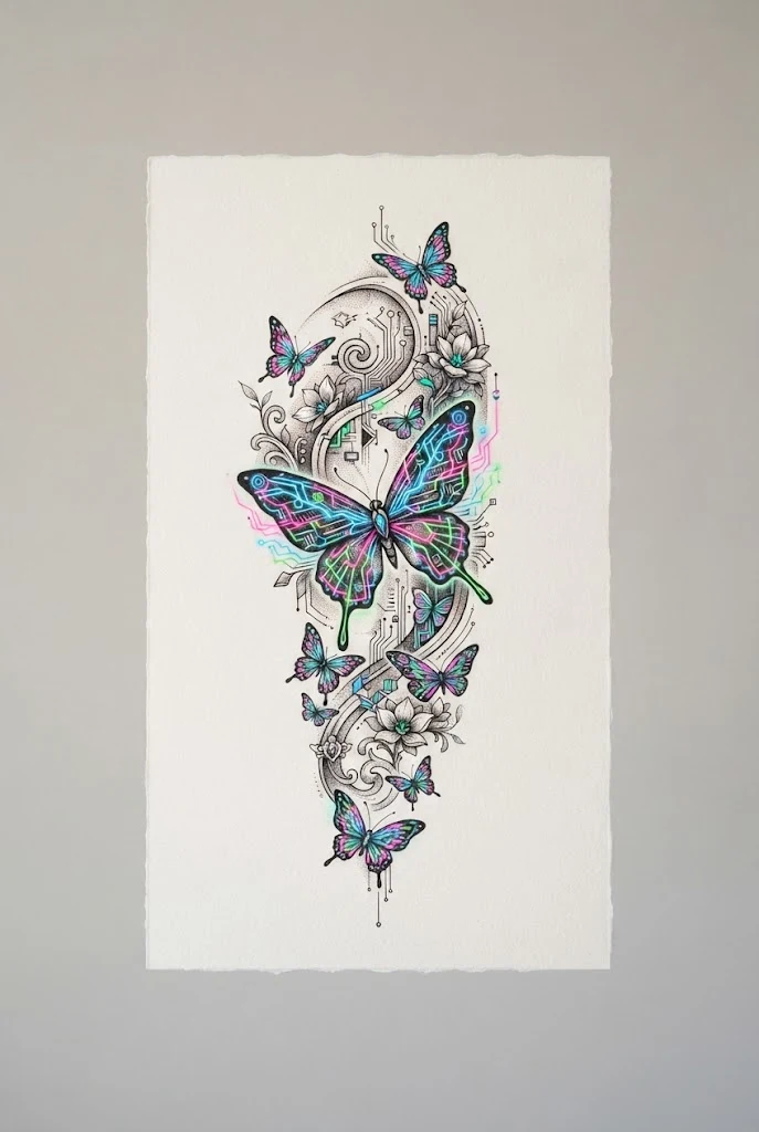 Neon Cyberpunk Winged Accent — shoulder butterfly tattoo style outfit