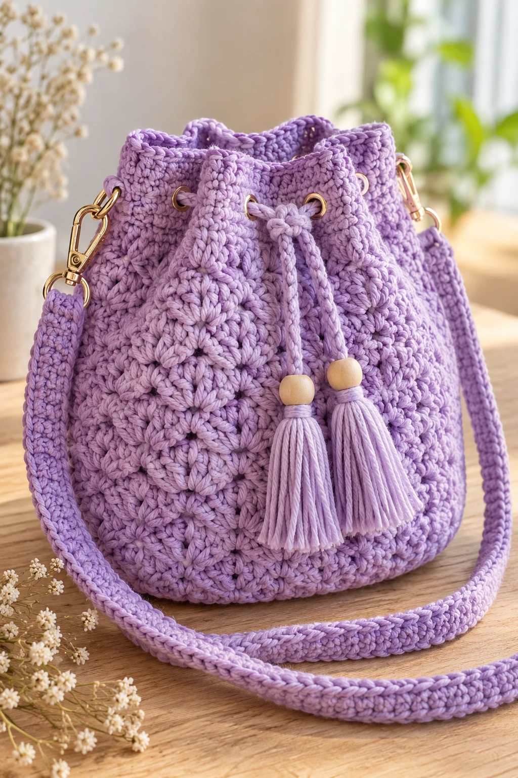 Lavender Drawstring Bucket Bag — simple crochet bag pattern free style outfit