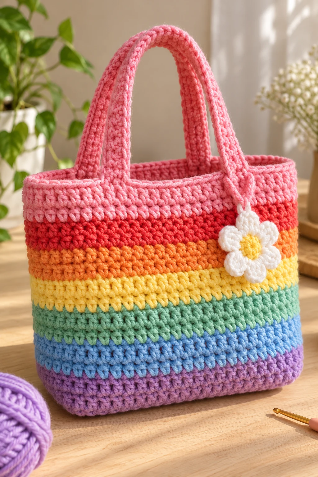 Rainbow Crochet Mini Tote — simple crochet bag pattern free style outfit