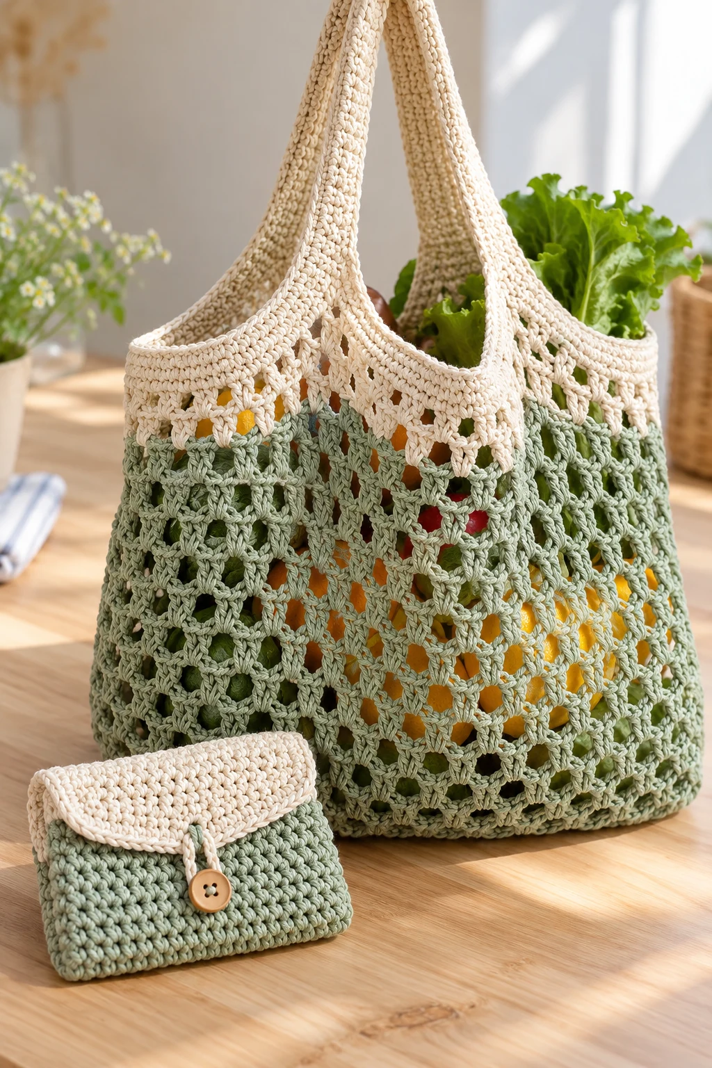 Foldable Crochet Market Bag With Pouch — simple crochet bag pattern free style outfit