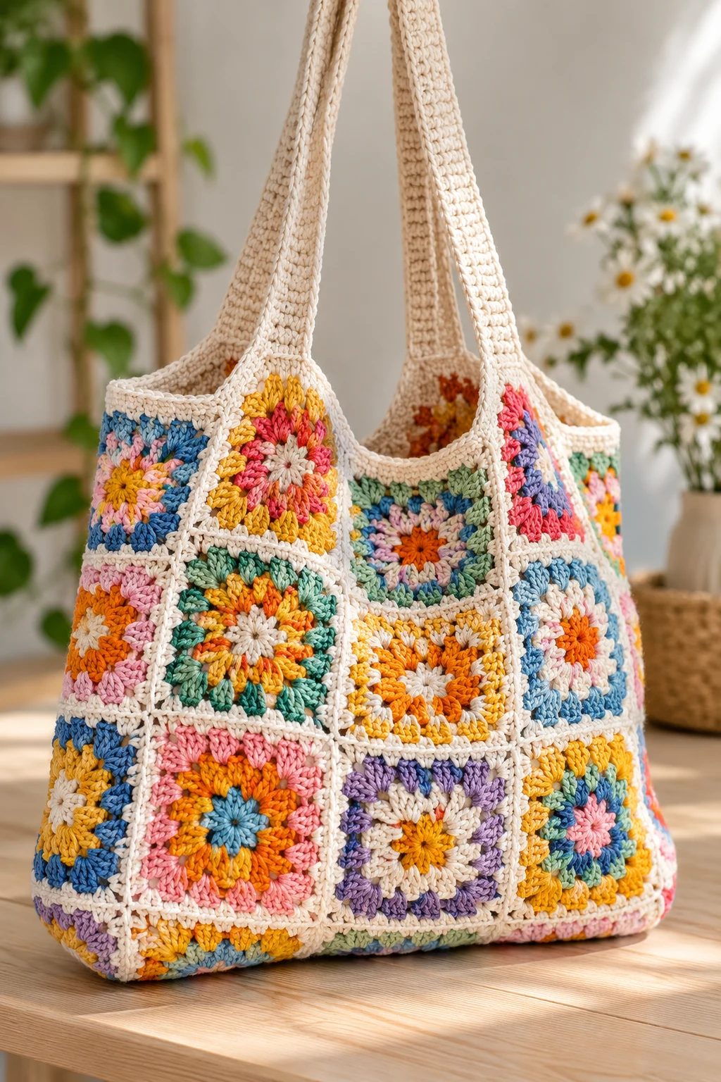 Colorful Granny Square Market Bag — simple crochet bag pattern free style outfit