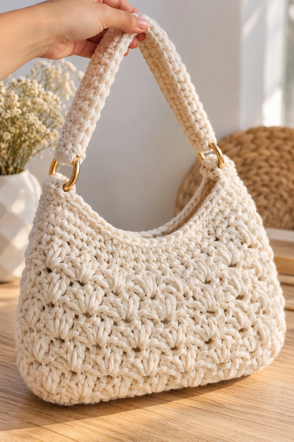 Chunky Cream Crochet Handbag — simple crochet bag pattern free style outfit