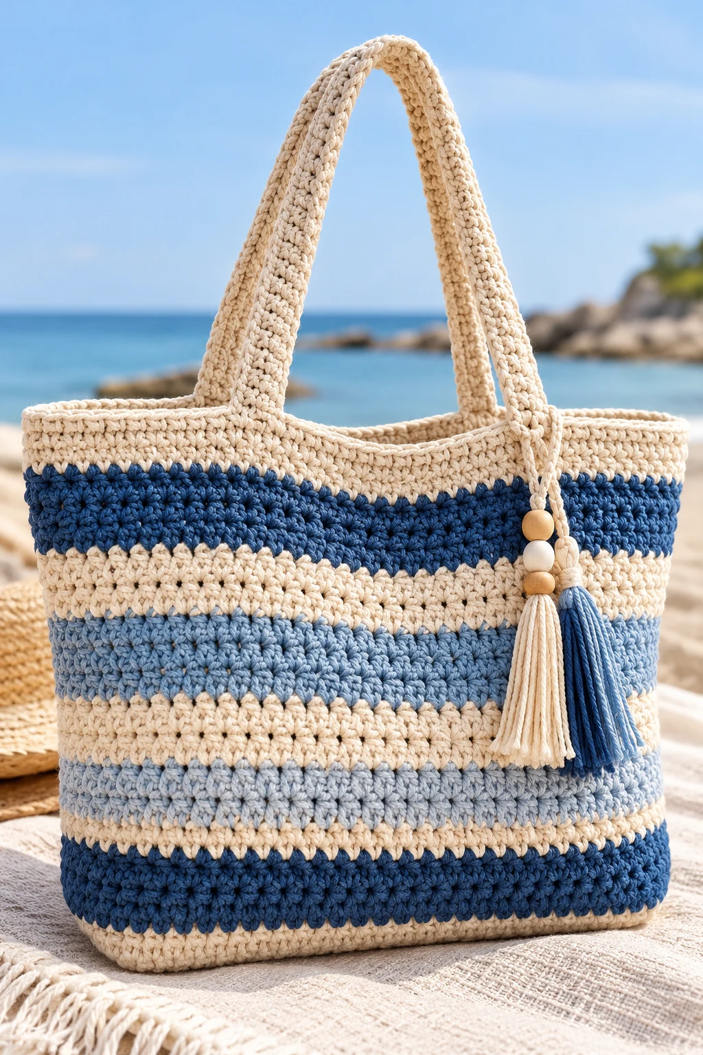 Striped Summer Beach Tote — simple crochet bag pattern free style outfit