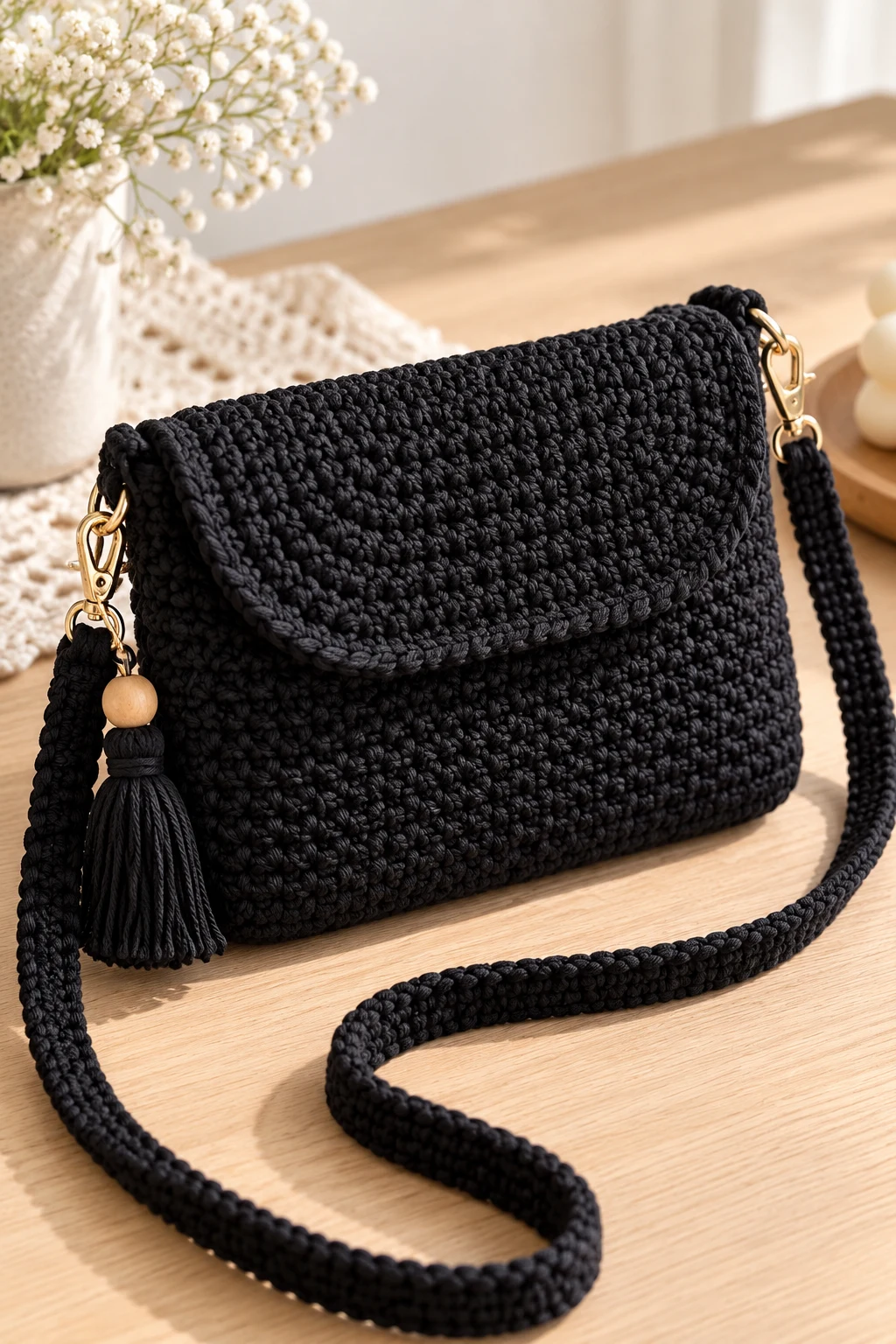 Minimalist Black Crochet Crossbody Bag — simple crochet bag pattern free style outfit