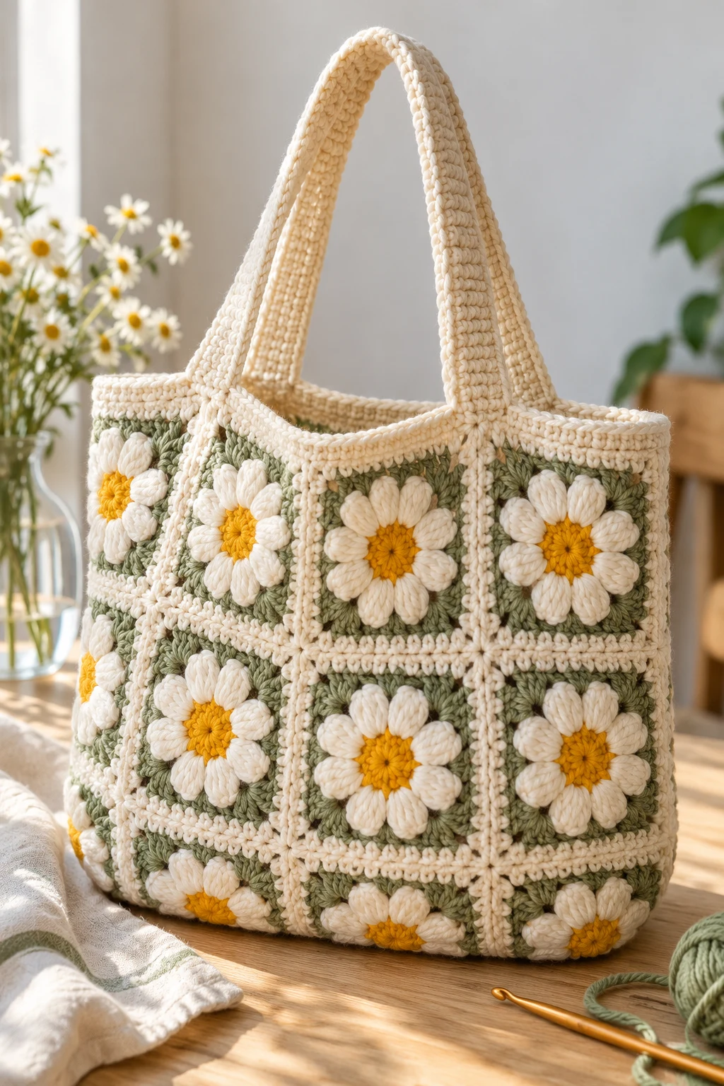 Daisy Flower Crochet Tote — simple crochet bag pattern free style outfit