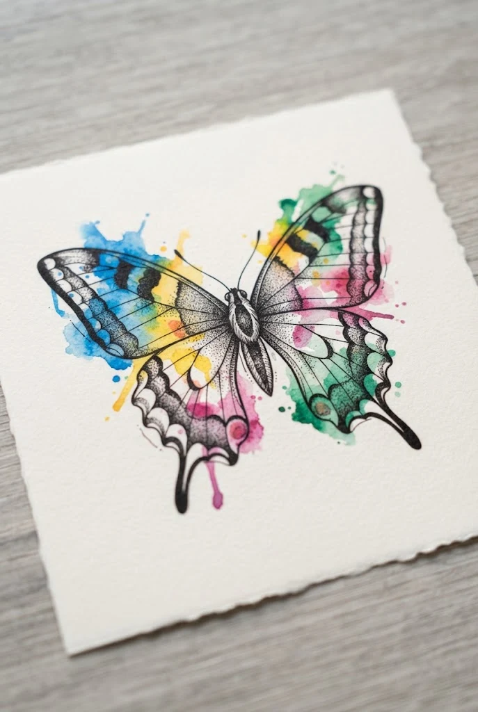 Watercolor Splash Swallowtail — single butterfly tattoo style outfit