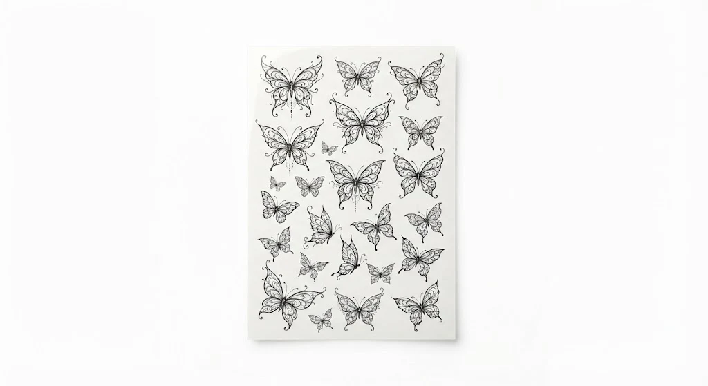 Rocco Butterfly Temporary Tattoos Fine Line Black Sheet