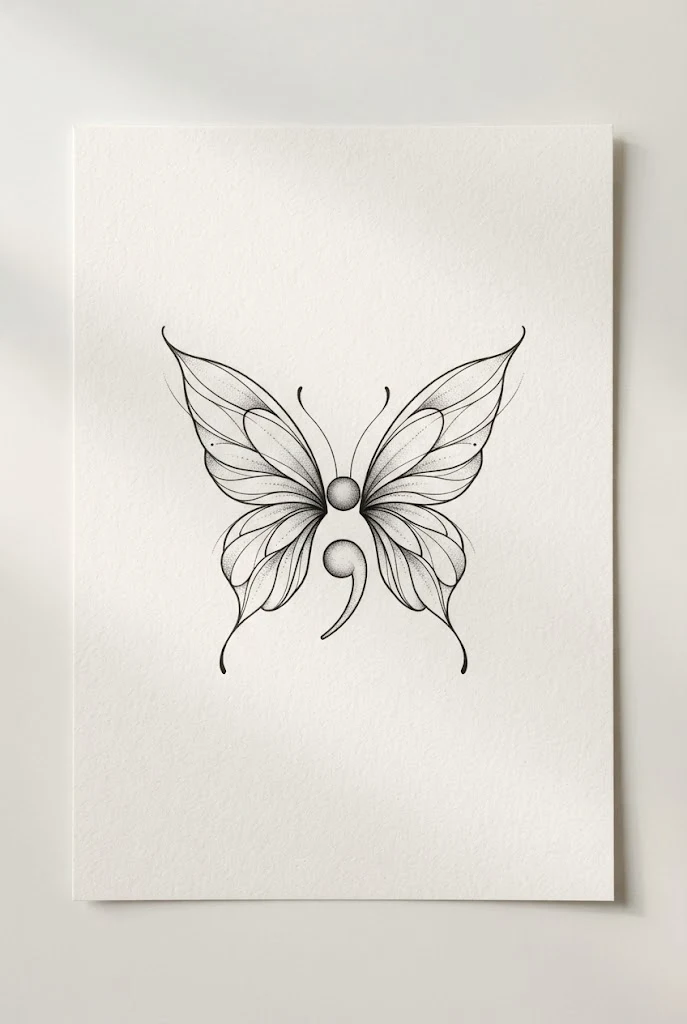 Outer Thigh Minimalist Semicolon Art — small butterfly semicolon tattoo style outfit