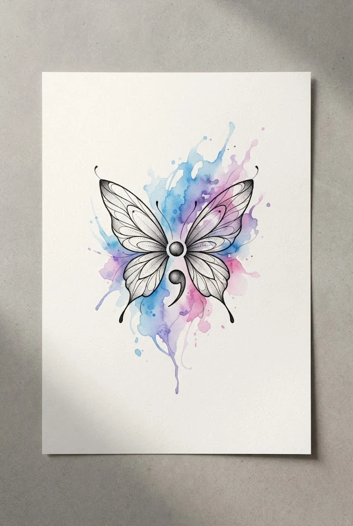 Watercolor Splash Behind-the-Ear Design — small butterfly semicolon tattoo style outfit