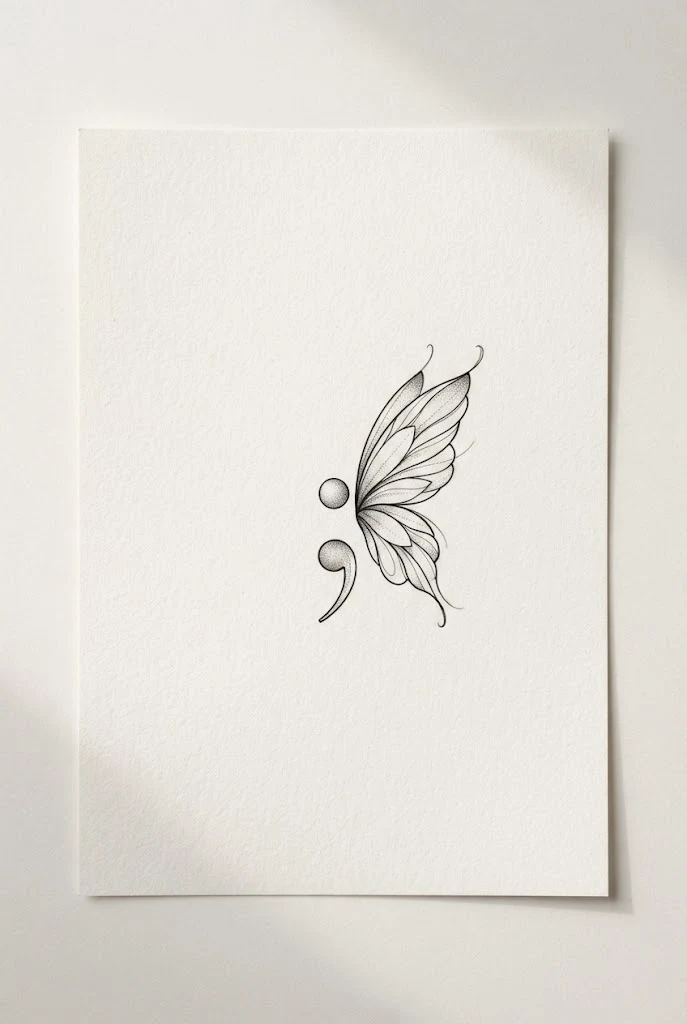 Tiny Finger-Side Semicolon Butterfly — small butterfly semicolon tattoo style outfit