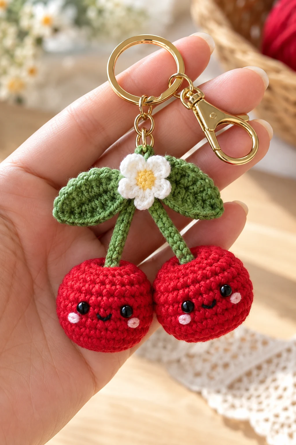 Mini Crochet Cherry Keychains — small crochet keychains style outfit