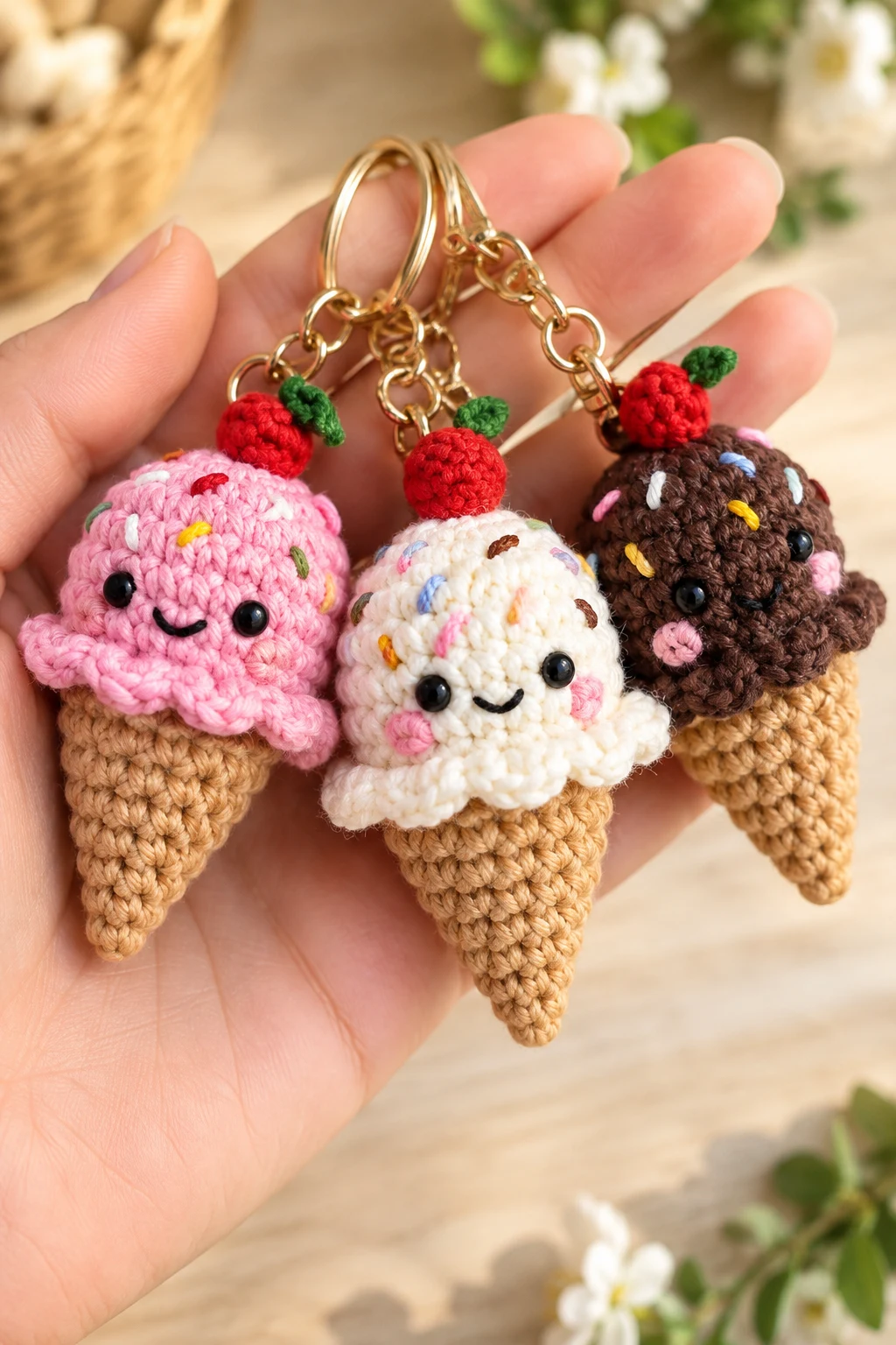 Mini Crochet Ice Cream Cone Keychains — small crochet keychains style outfit