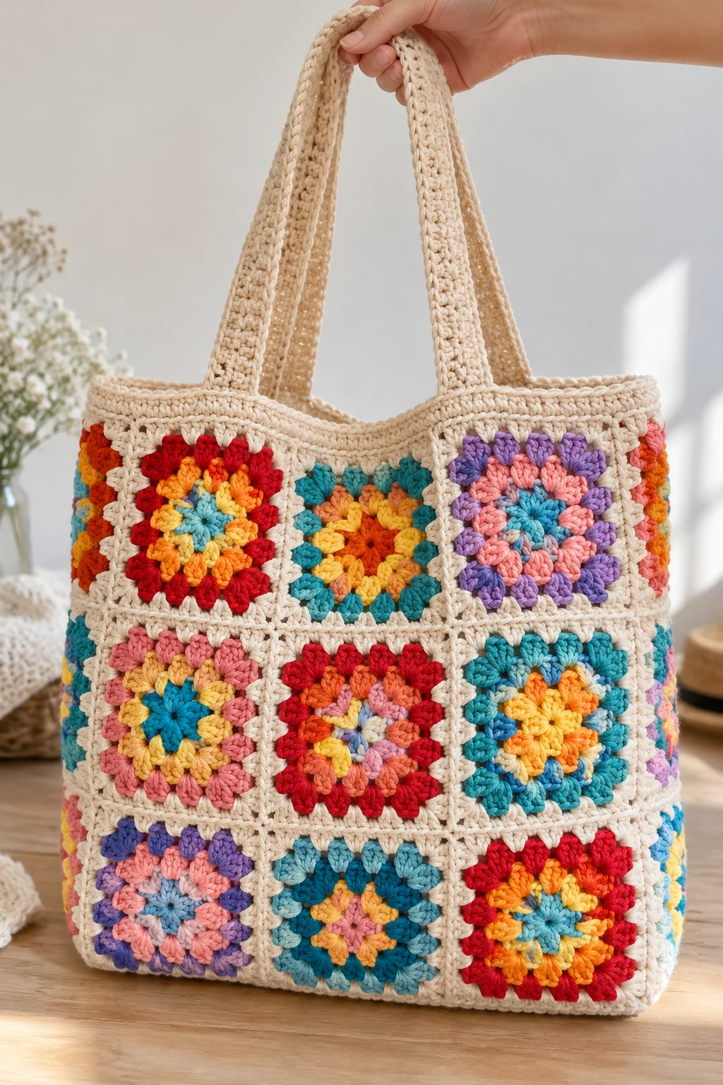 Classic Rainbow Granny Square Tote — square bag crochet style outfit