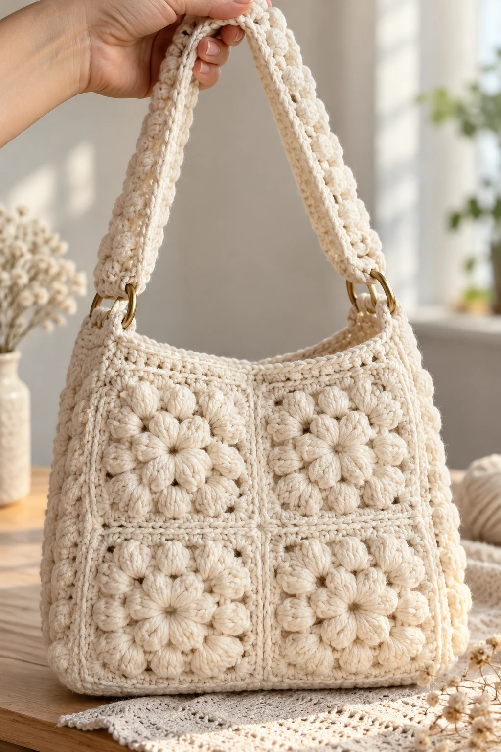 Elegant Cream Puff Stitch Square Bag — square bag crochet style outfit