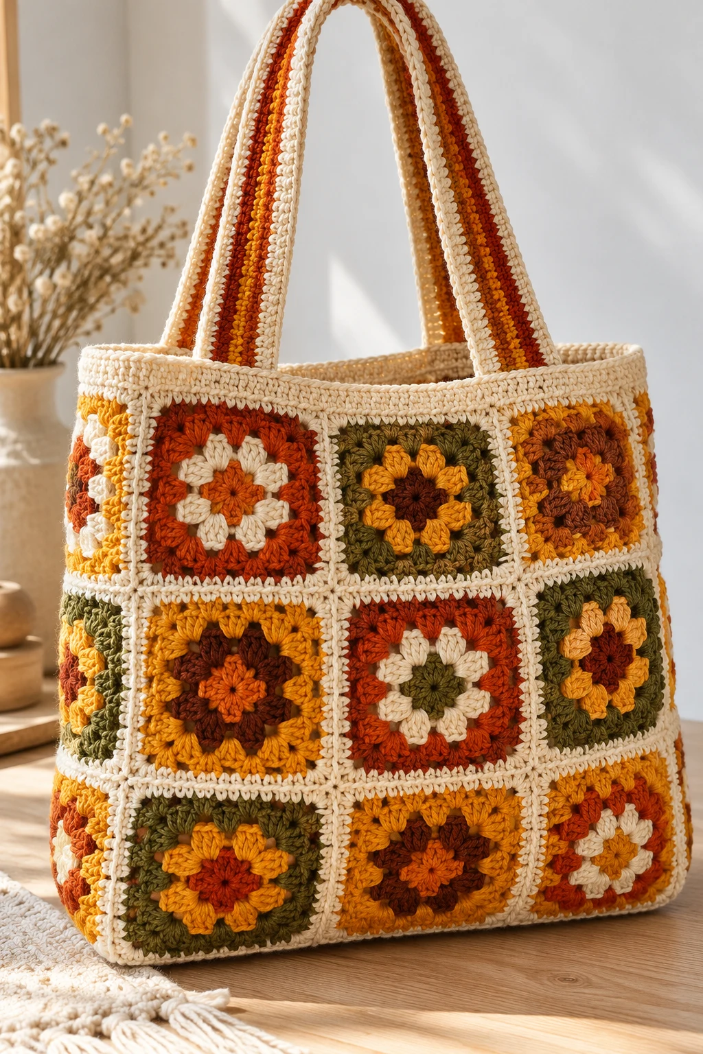 Retro Seventies Granny Square Tote — square bag crochet style outfit