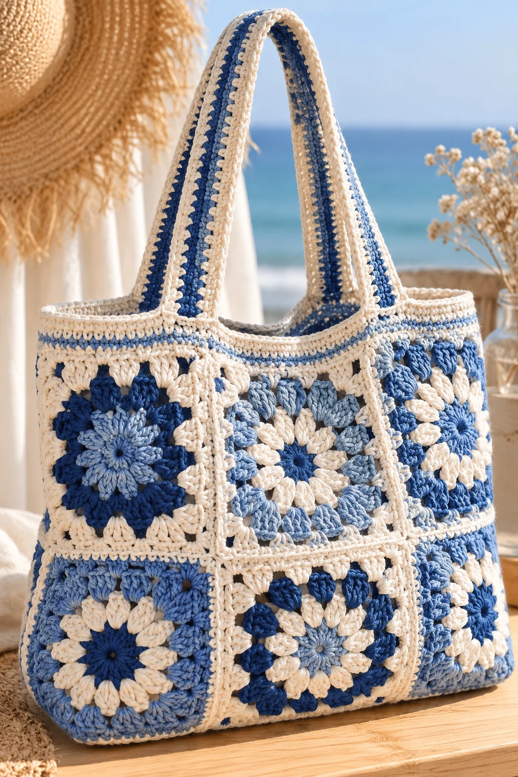 Coastal Blue and White Crochet Beach Bag — square bag crochet style outfit