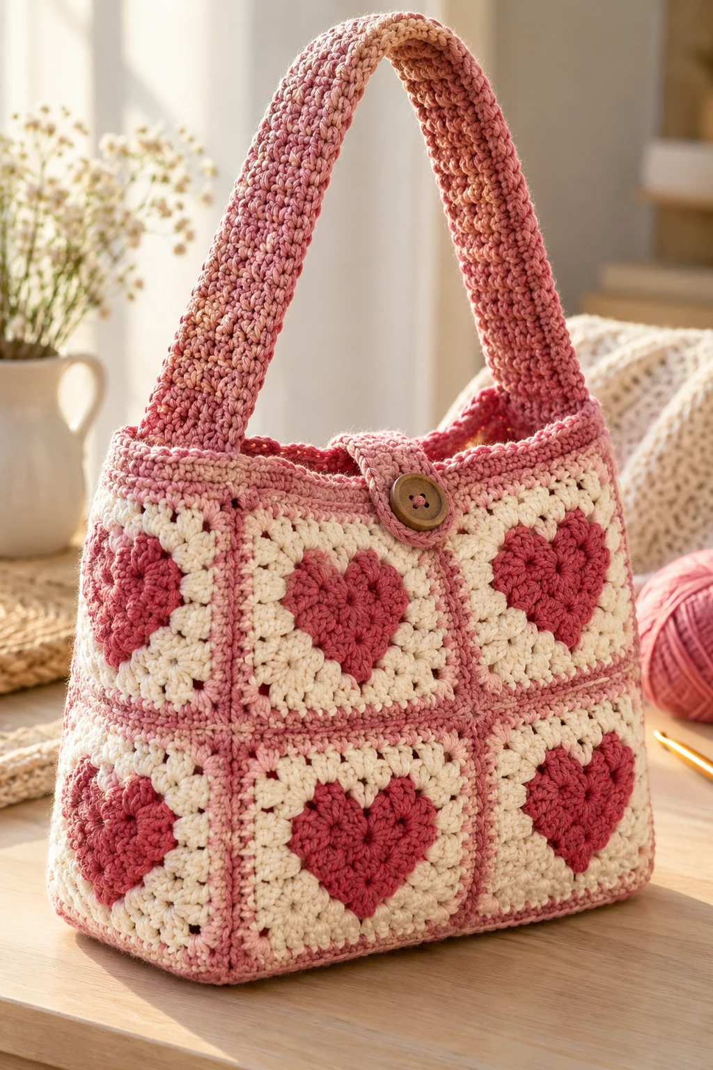 Heart Motif Granny Square Handbag — square bag crochet style outfit