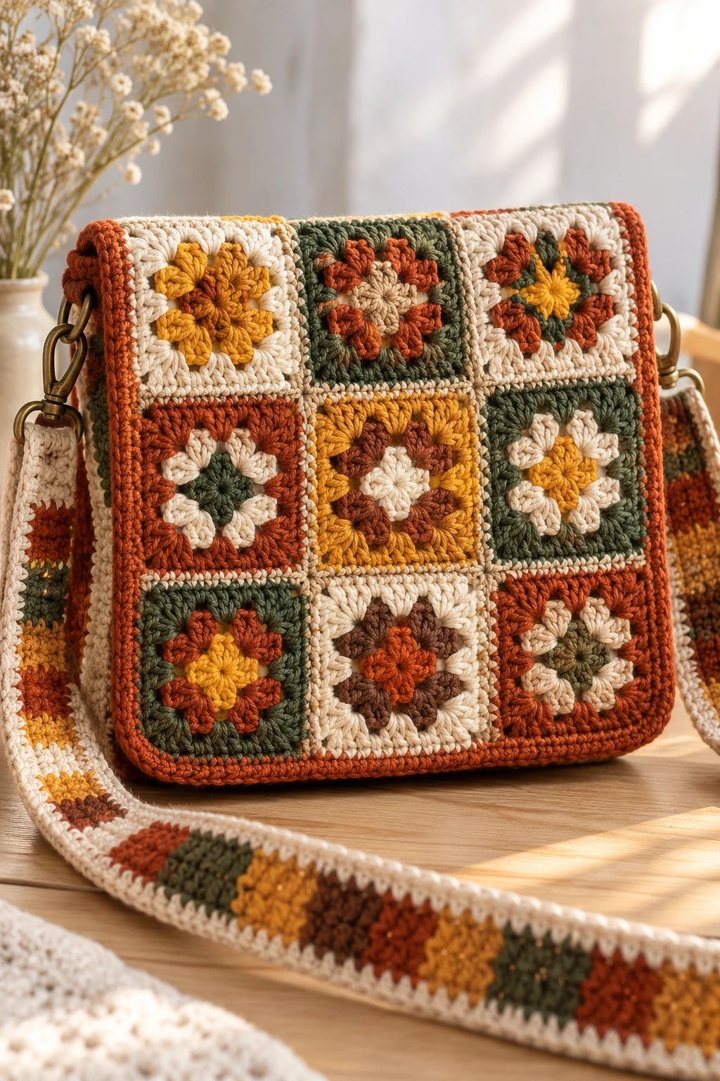 Autumn Patchwork Square Crochet Bag — square bag crochet style outfit