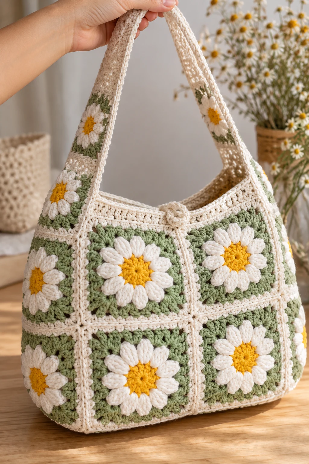 Daisy Flower Granny Square Shoulder Bag — square bag crochet style outfit