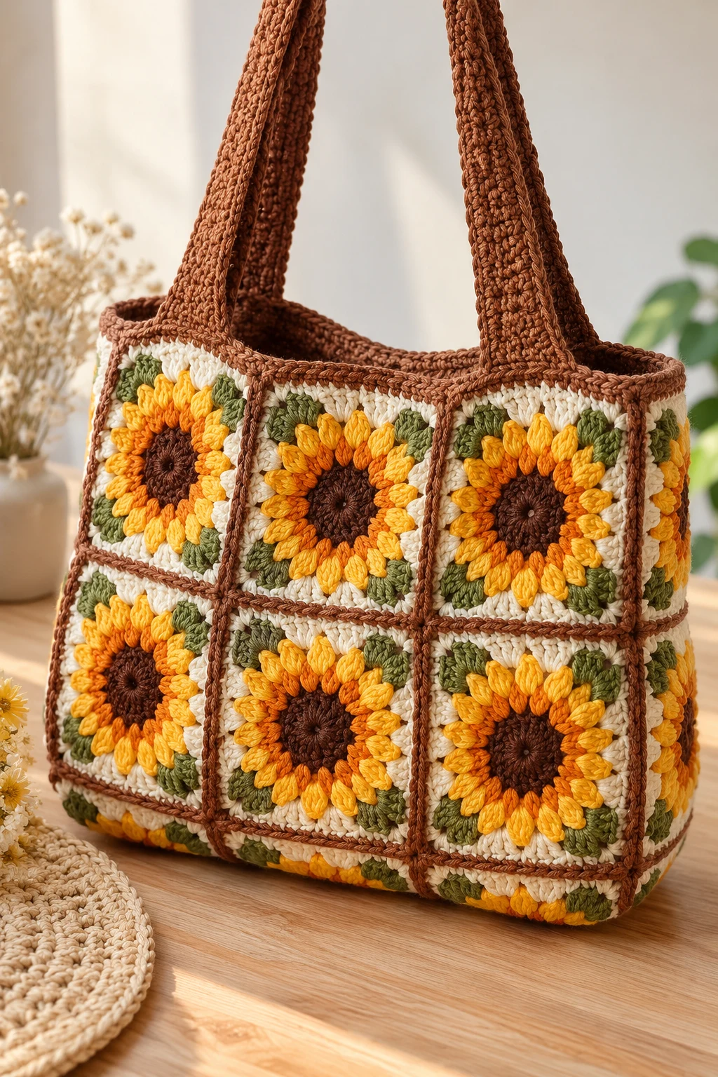 Vintage Sunflower Granny Square Bag — square bag crochet style outfit