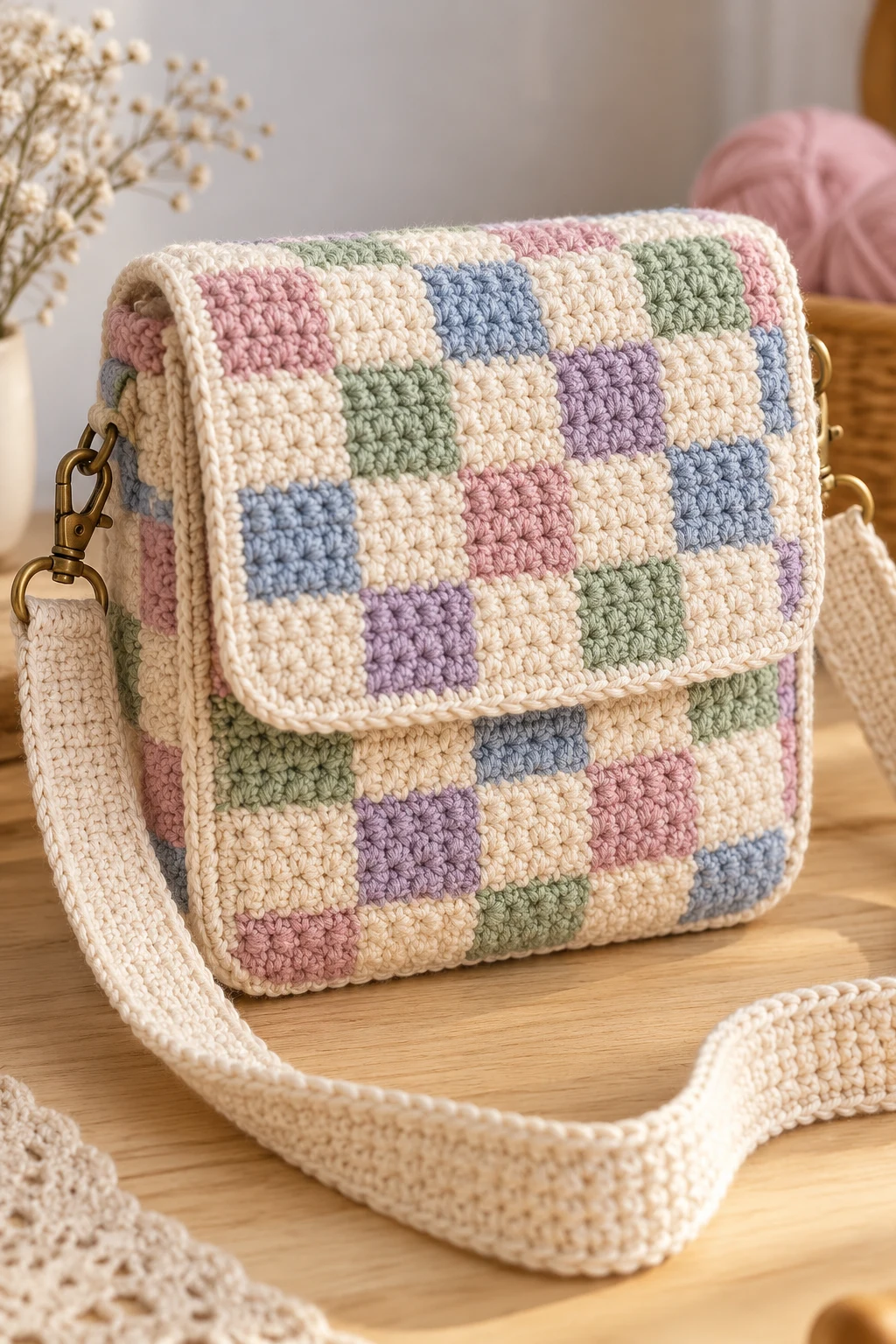 Pastel Checkerboard Square Crossbody Bag — square bag crochet style outfit