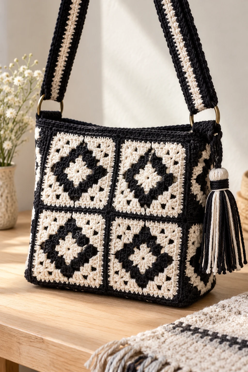 Black and White Geometric Square Bag — square bag crochet style outfit