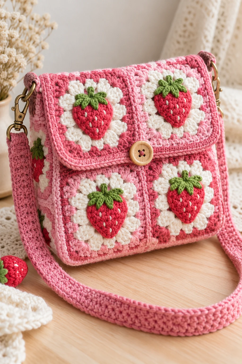 Strawberry Pink Granny Square Mini Bag — square bag crochet style outfit