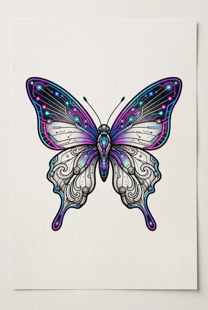 Neon Cyber Monarch — stomach butterfly tattoo style outfit