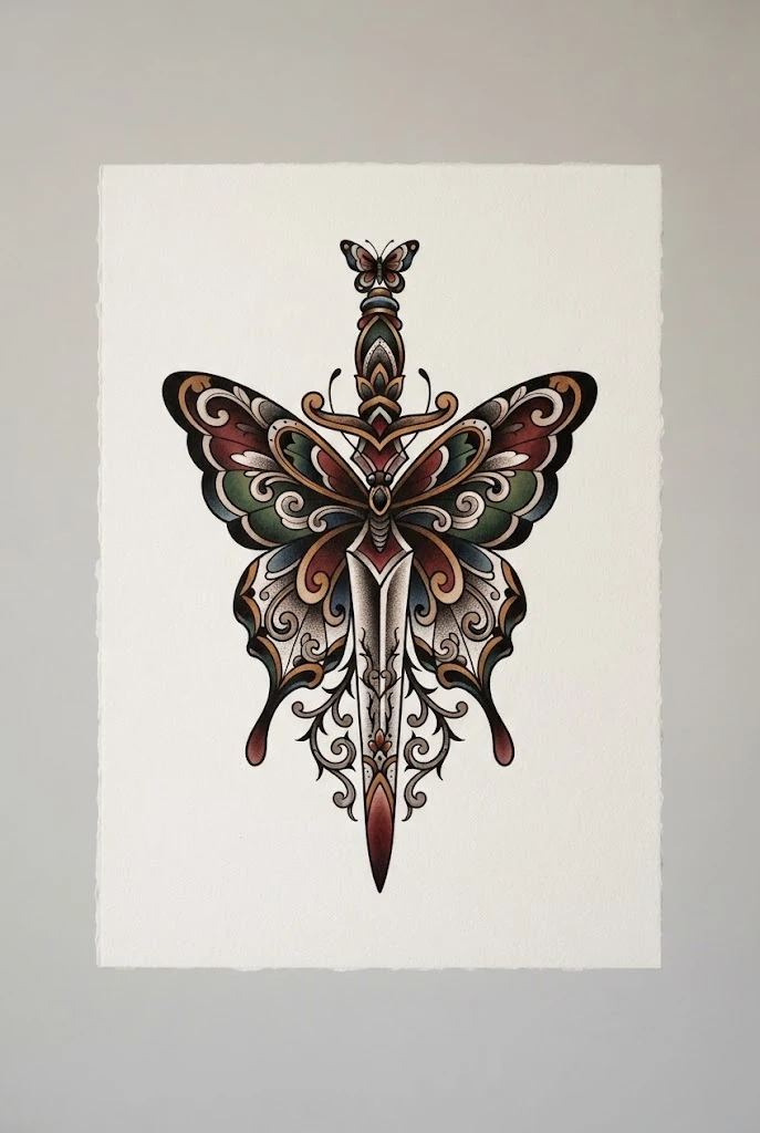 Masculine Neo-Traditional Dagger — stomach butterfly tattoo style outfit