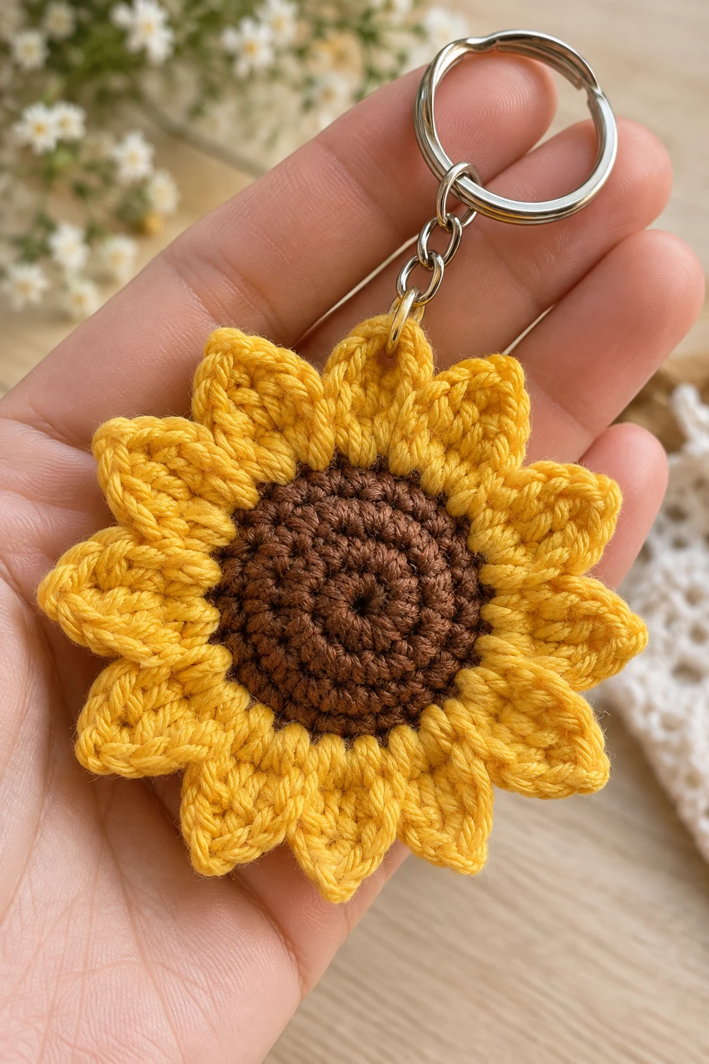 Classic Golden Sunflower Keychain — sunflower keychain crochet style outfit