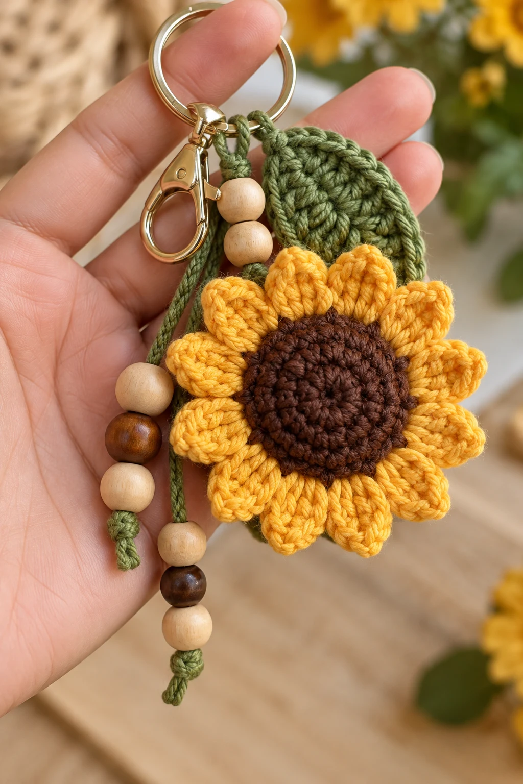 Sunflower Keychain With Wooden Beads — sunflower keychain crochet style outfit