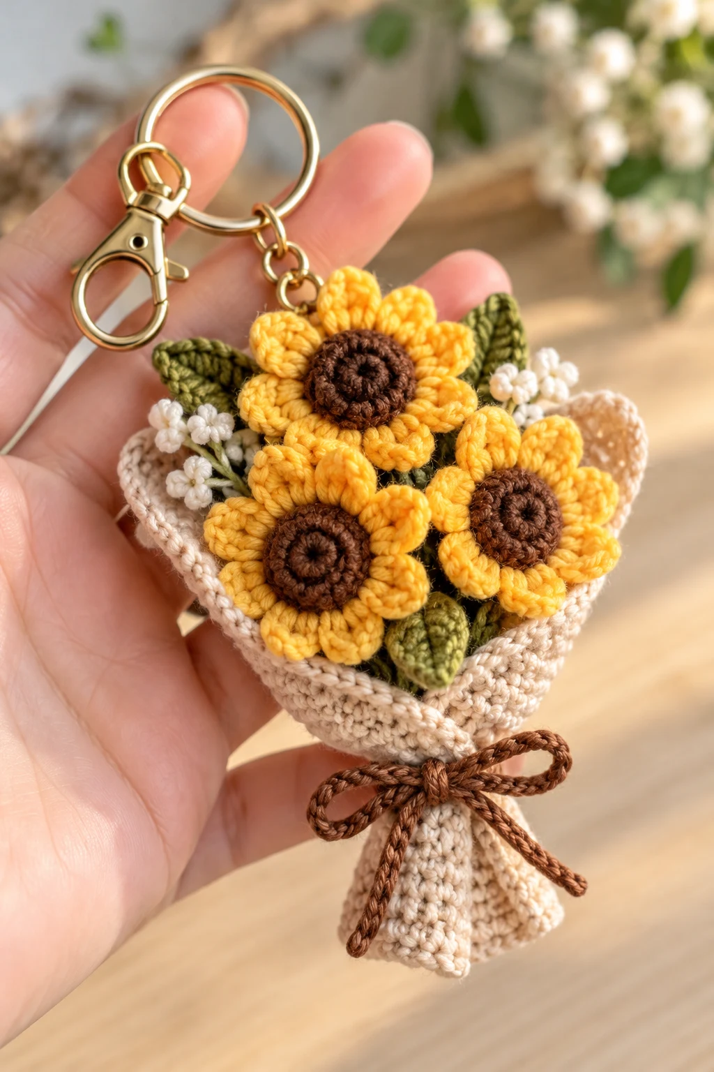 Mini Sunflower Bouquet Keychain — sunflower keychain crochet style outfit