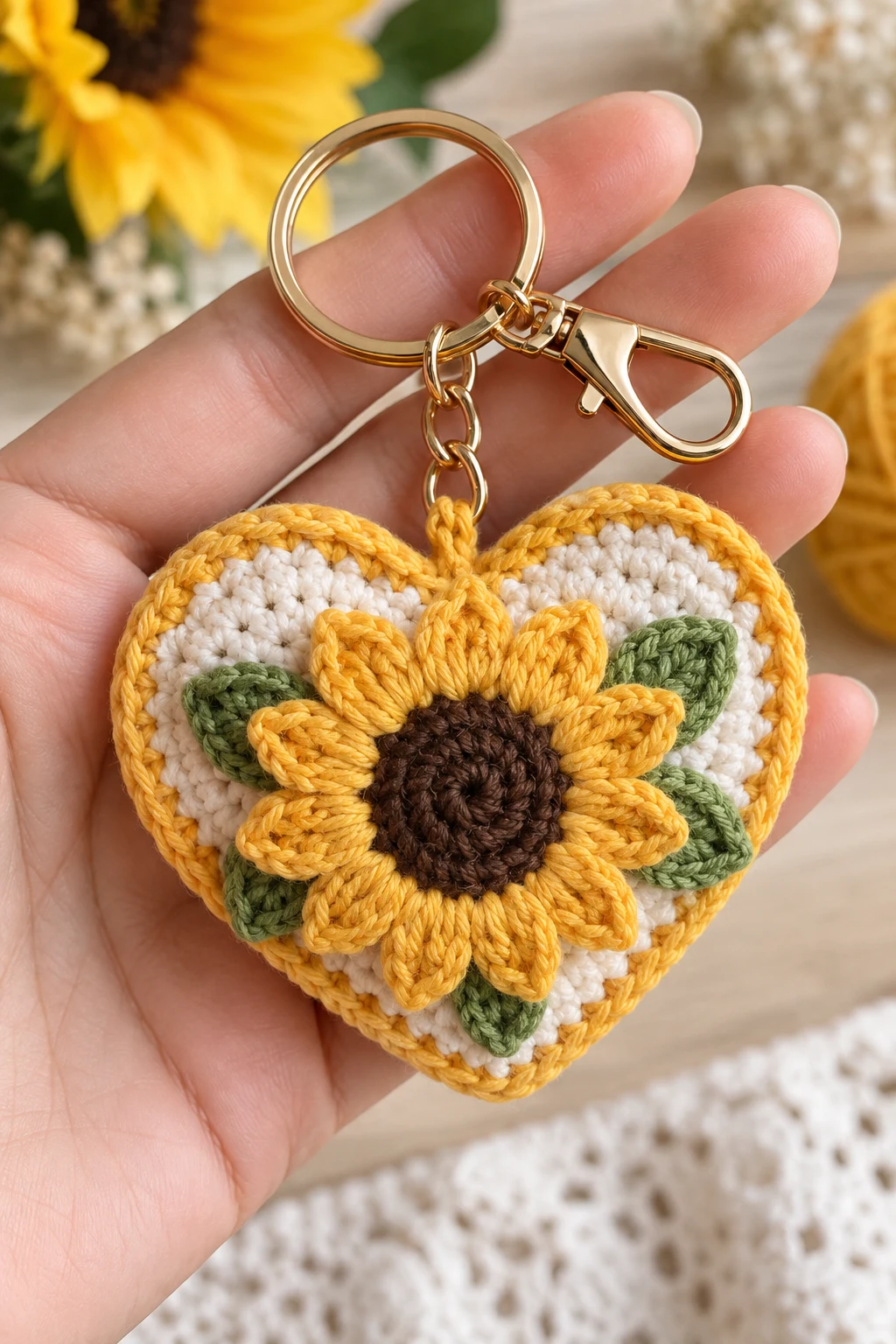Sunflower Heart-Shaped Keychain — sunflower keychain crochet style outfit