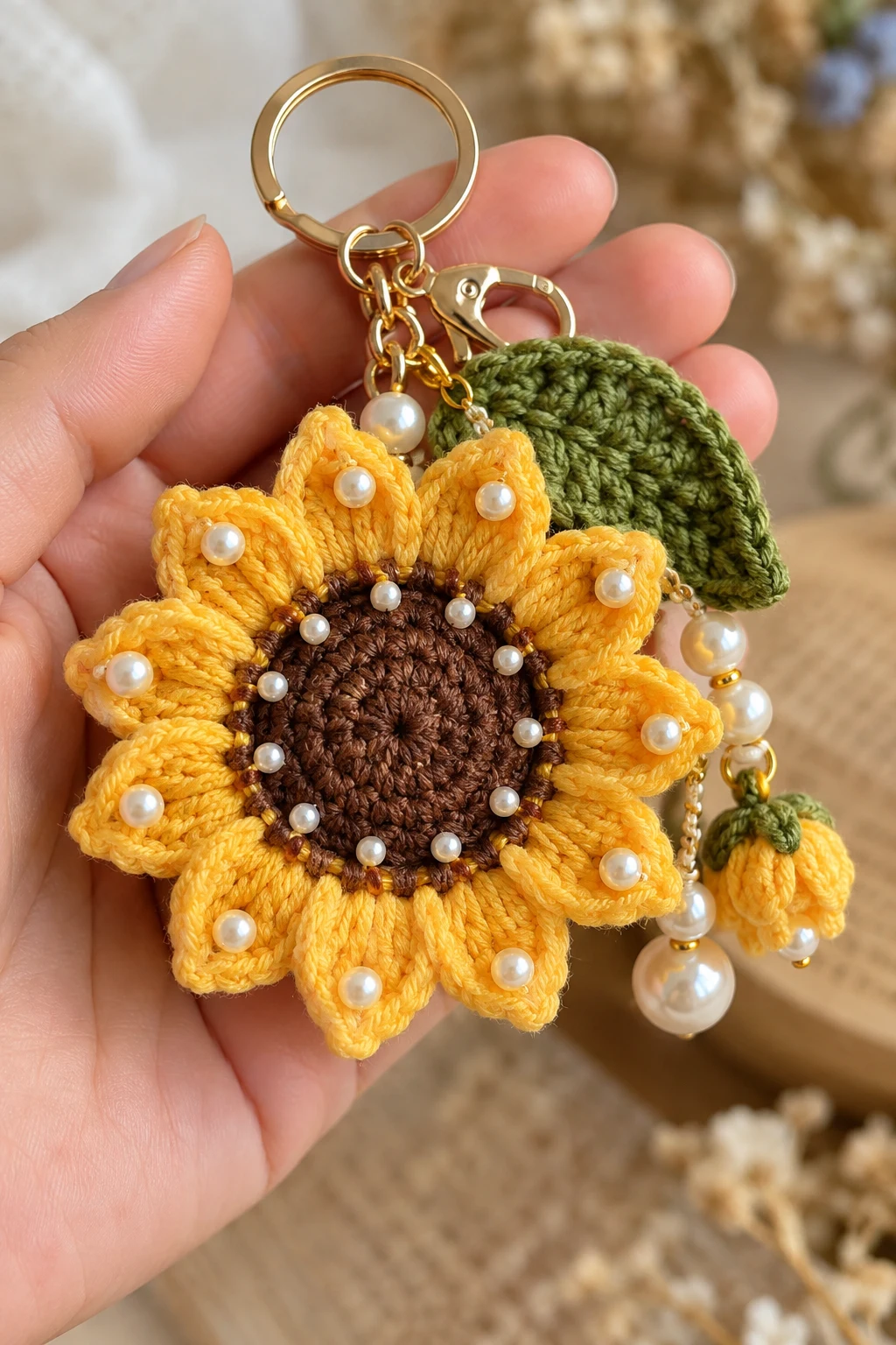 Sunflower Keychain With Pearl Details — sunflower keychain crochet style outfit