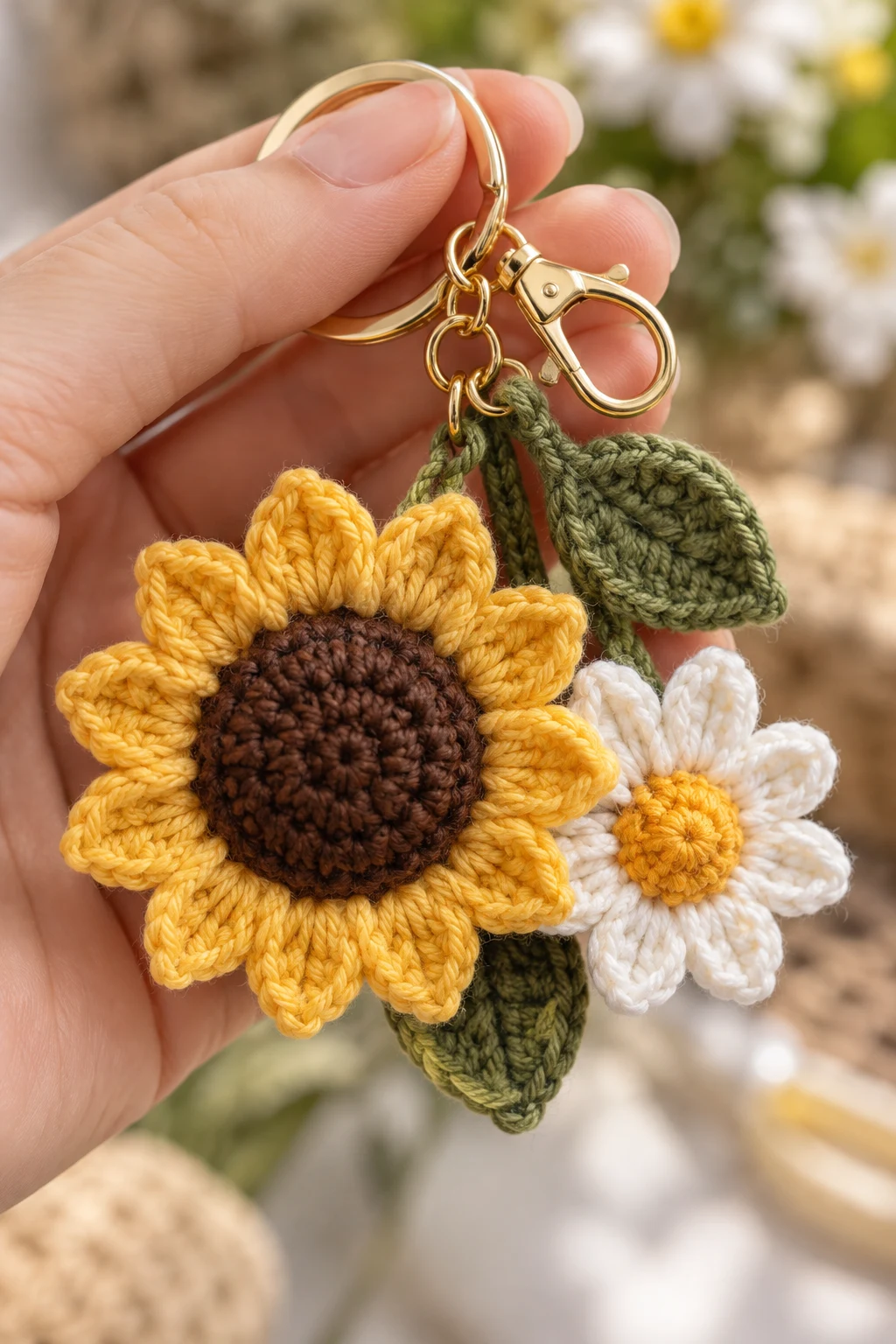 Sunflower and Daisy Duo Keychain — sunflower keychain crochet style outfit
