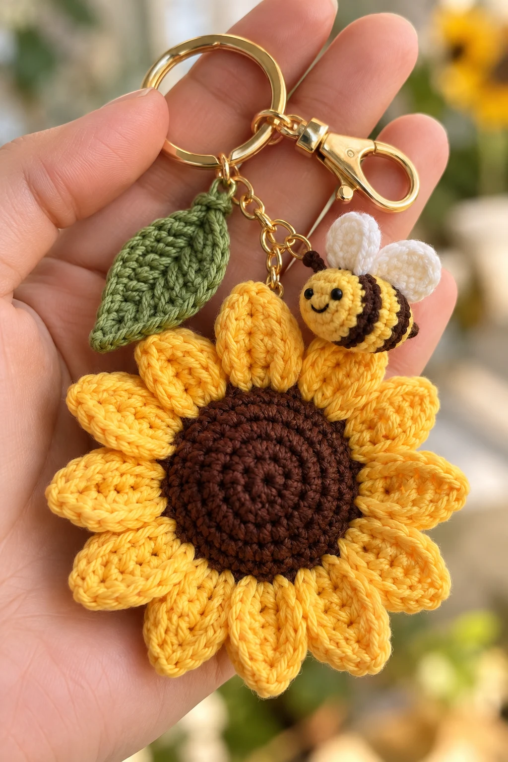 Sunflower Keychain With a Tiny Bee — sunflower keychain crochet style outfit