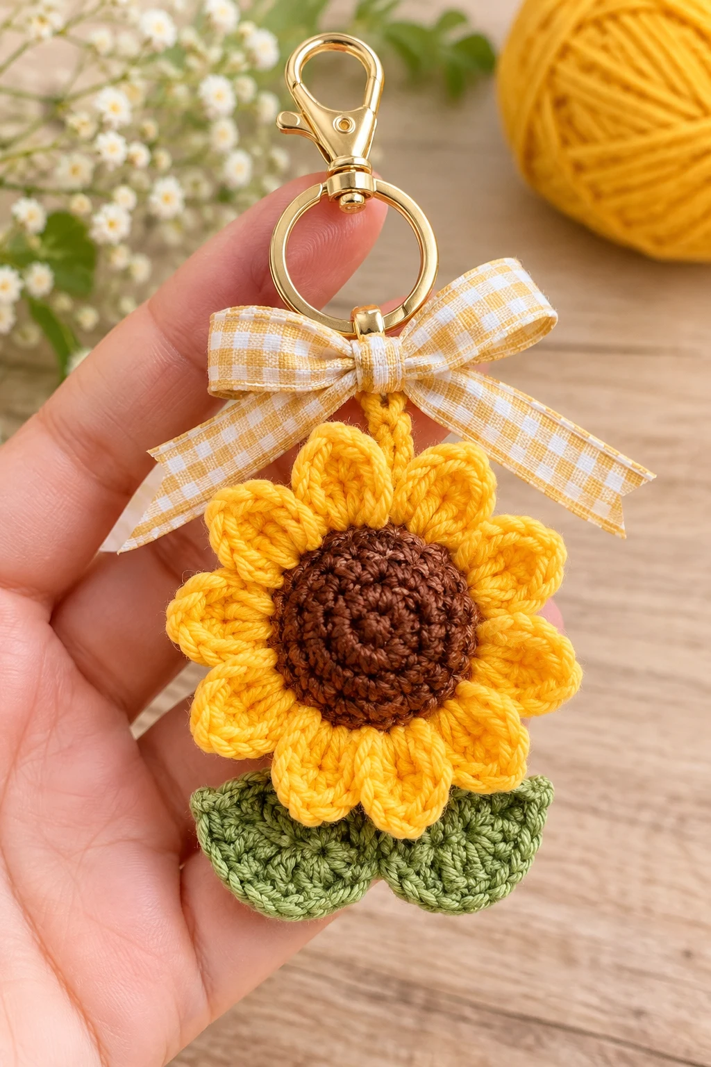Crochet Sunflower Keychain With a Ribbon Bow — sunflower keychain crochet style outfit
