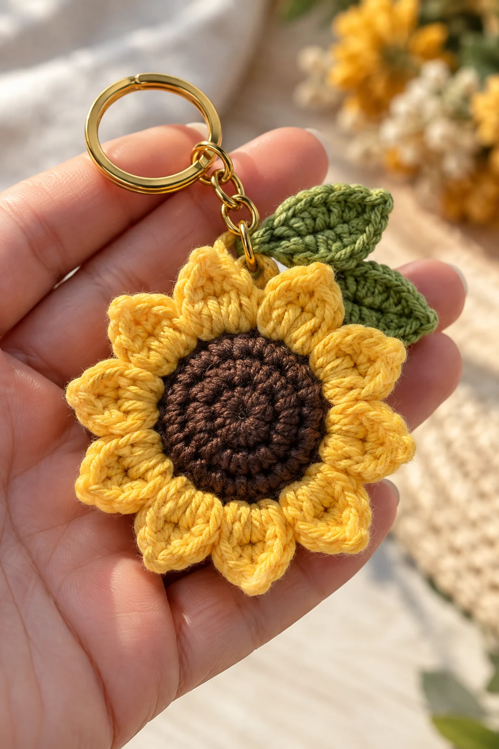 Mini Sunflower Keychain for Beginners — sunflower keychain crochet style outfit